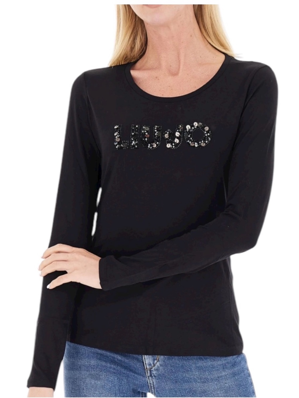 Liu Jo Black Long-Sleeve Embellished Logo Top